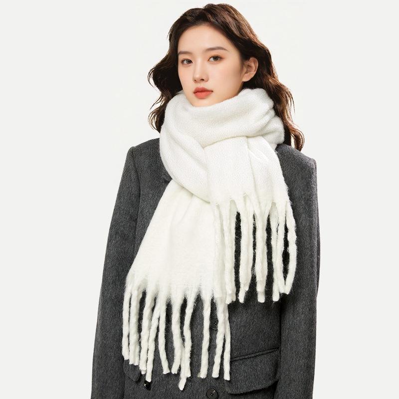 Winter New Mohair Women Scarf Girls Female Warm Thickened Solid Long Scarves Soft Coarse Braid Tassel Shawl Retro Wrap Shawls