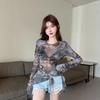Summer thin retro breathable mesh sunscreen T-shirt women's split straps design sense niche spice girl long-sleeved top