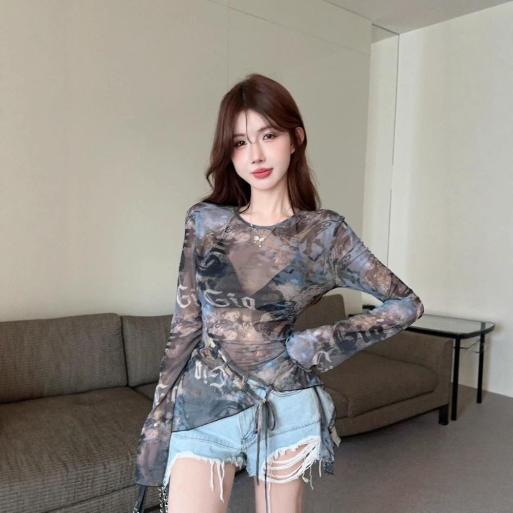 Summer thin retro breathable mesh sunscreen T-shirt women's split straps design sense niche spice girl long-sleeved top