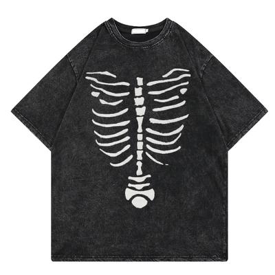 Punk Hip-Hop Gothic Skeleton Design Vintage Washed Tshirt Men Top Cotton Oversized T Shirt Retro Aesthetic Graphic Tee