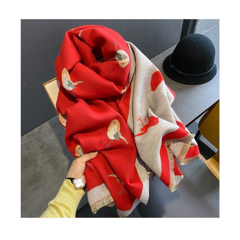 Women S High Grade Thick Warm Faux Cashmere Scarf Green Bird Pattern Air Conditioning Shawl Long Neck Wrap