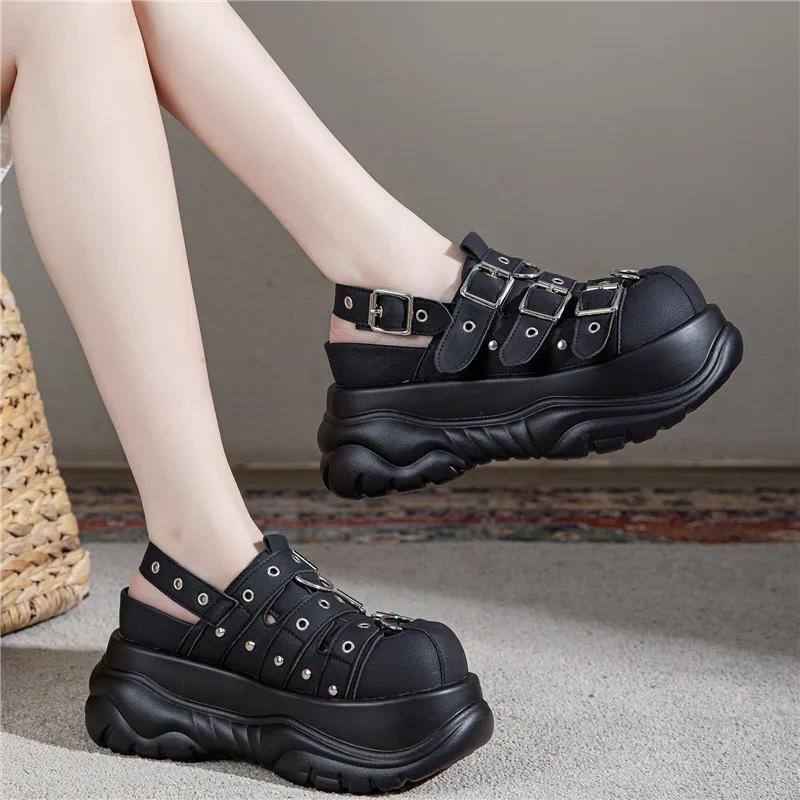 Fashion 7CM Microfiber Leather Sandals Slipper Slip On Women Punk Platform Wedge Fashion Flats Buckle Summer High Brand Flats Shoes