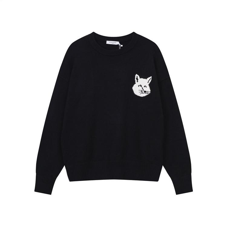 Unisex Crew Neck Long Sleeve Loose Fit Korean Cotton Knit Sweater Fox Head Embroidery Pullover Cardigan Couple Knitwear