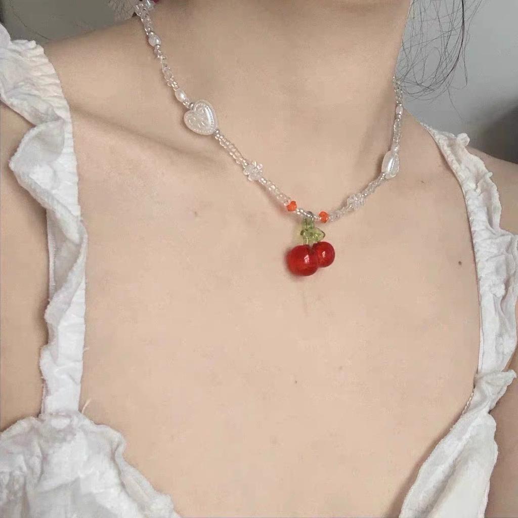 Y2K Red Cherry Heart Beaded Choker Necklace Women Boho Layered Bead Cherry Pendant Necklaces Vintage 2024 New Necklace Jewelry