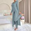 Damen Hellblaues V-Ausschnitt Strickset Langarm Oberteil und Hose mit Strickjacke