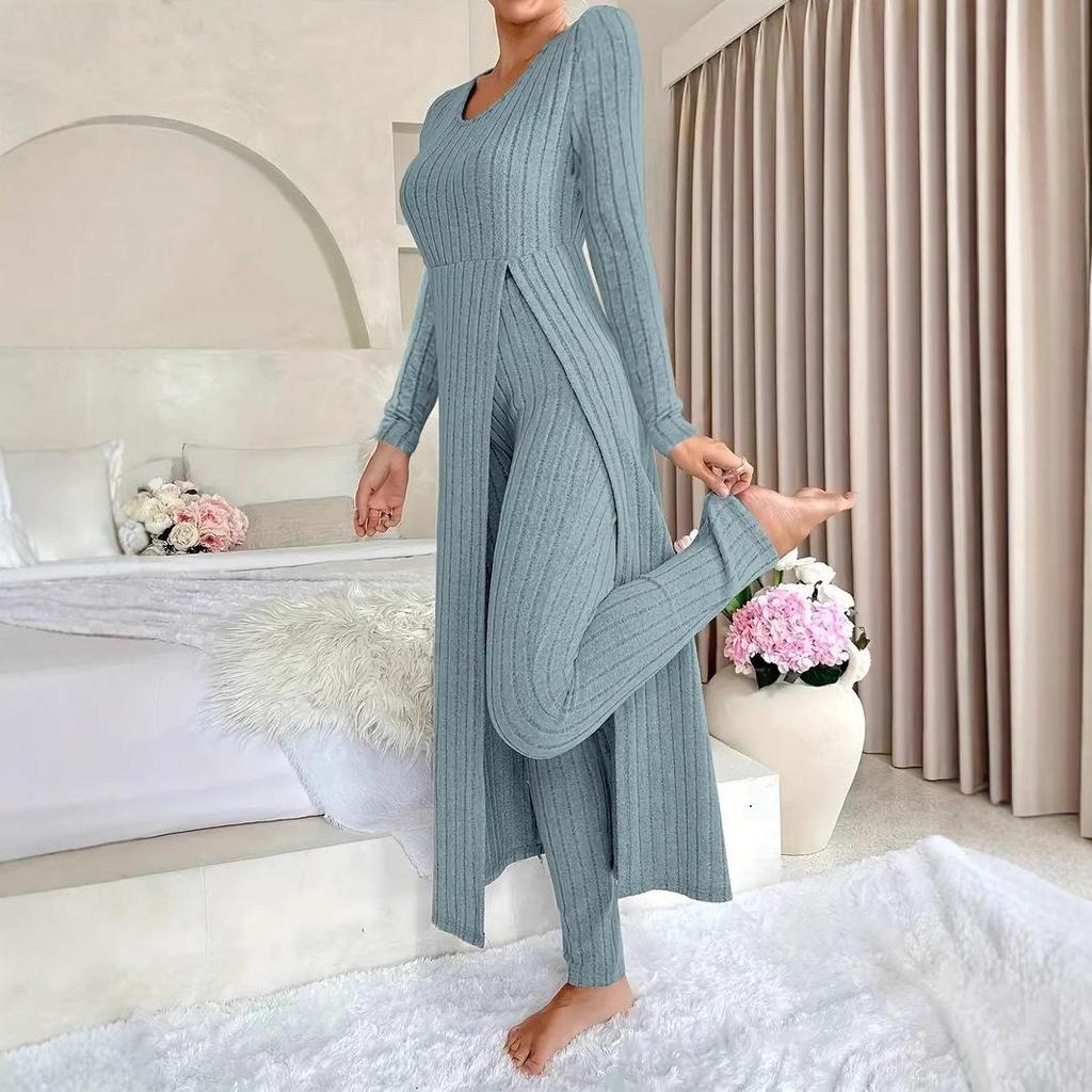 Damen Hellblaues V-Ausschnitt Strickset Langarm Oberteil und Hose mit Strickjacke