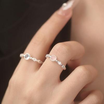 S925 Sterling Silver Micro-Inlaid Natural Aquamarine Ring Pink Crystal Open Ring Women's Ins Korean Style Light Luxury