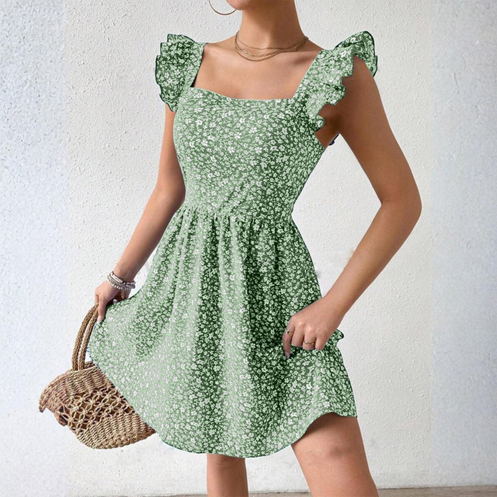 

Женское свободное повседневное платье с квадратным вырезом и рукавами-крылышками, цветочное платье с короткой юбкой M зелёный