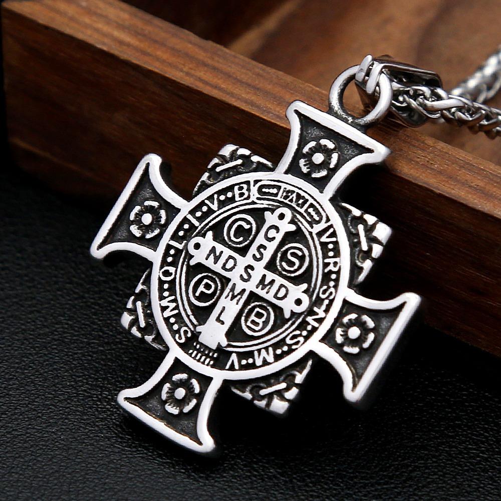 Vintage Kreuz Anhänger Edelstahl Halskette Herren St. Benedikt Exorzismus Anhänger Punk Hip Hop Schmuck