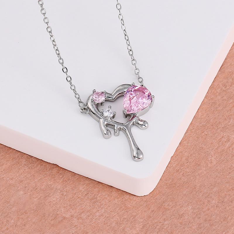 Metallic Water Droplets Liquefied Love Necklace Pendant Sweet Cool Wind Pink Zircon Heart Short Neck Chain Collarbone Chain Personality