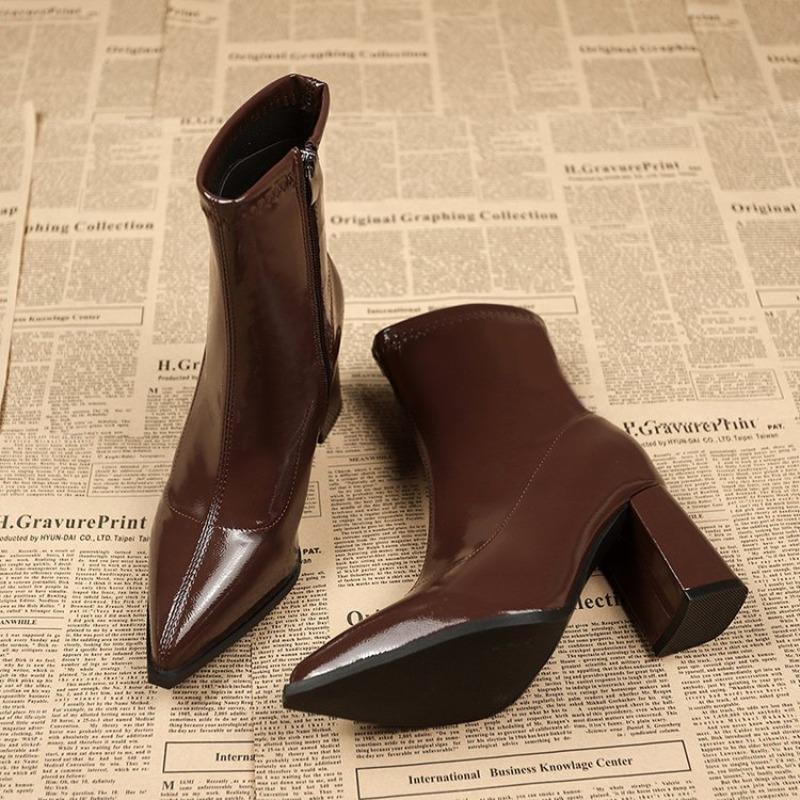 Fashion Women's Pointed Thick Heel Short Boots Women's Autumn High Heels Ankle Boots Women's Fashion Retro Temperament Boots Botas Mujer