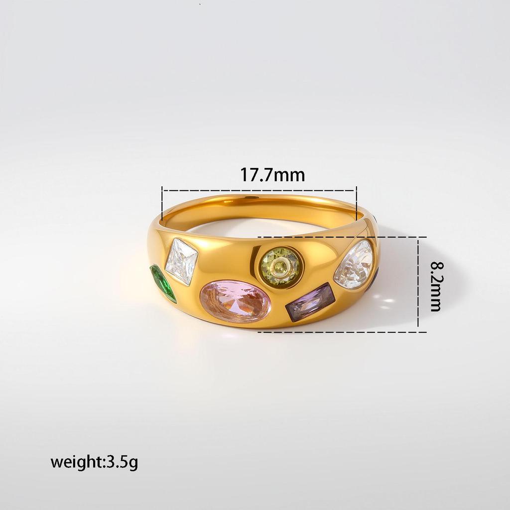 Inlaid Colored Cubic Zirconia Stainless Steel Ring for Women - Versatile High-End European and American Style Jewelry