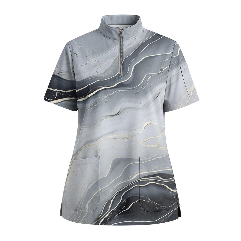 Women's Short Sleeved Printed V-neck Buttonable Side Slit Top T-shirt