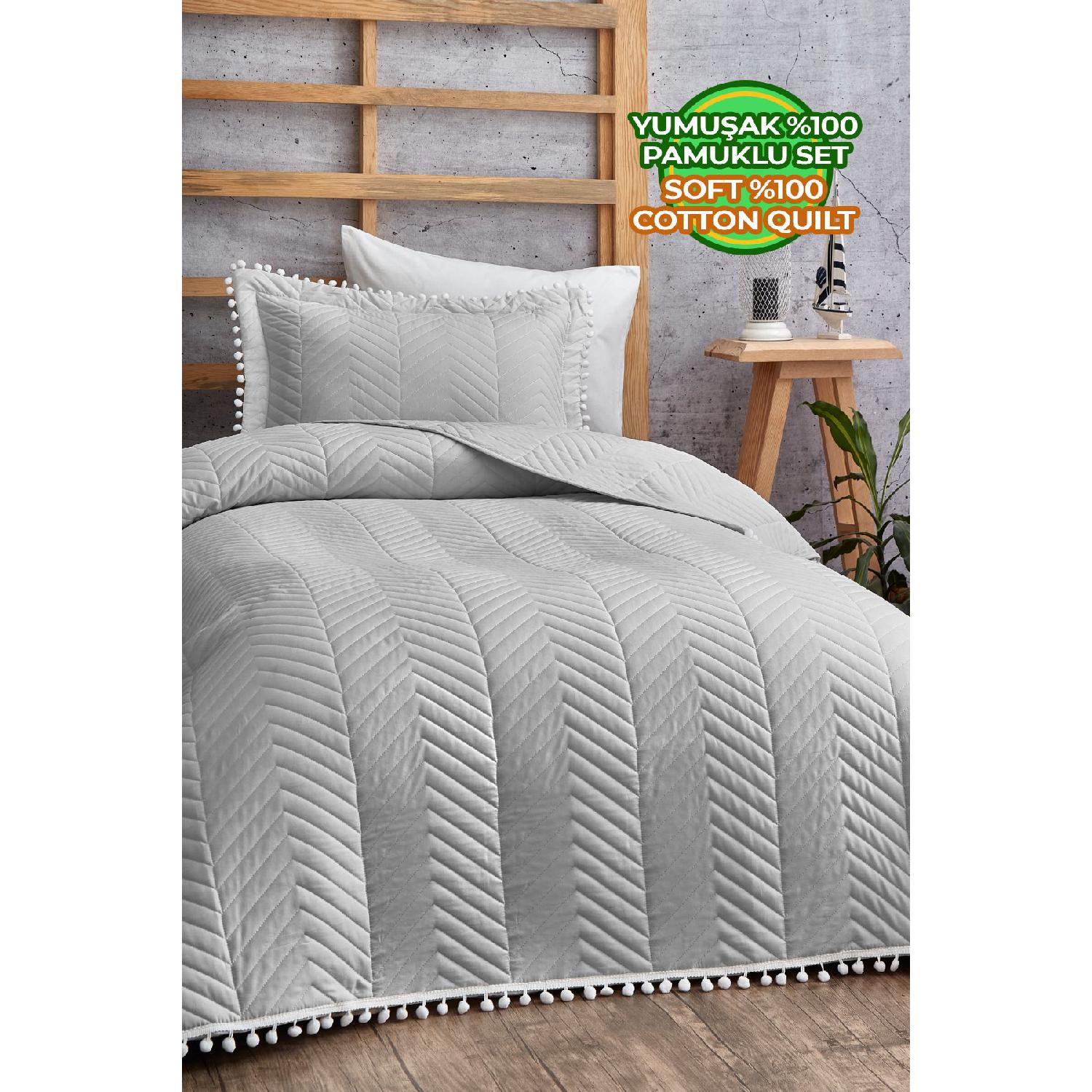 

Pompom 100% Cotton Single Bedspread (pique) Set Gray сірий колір