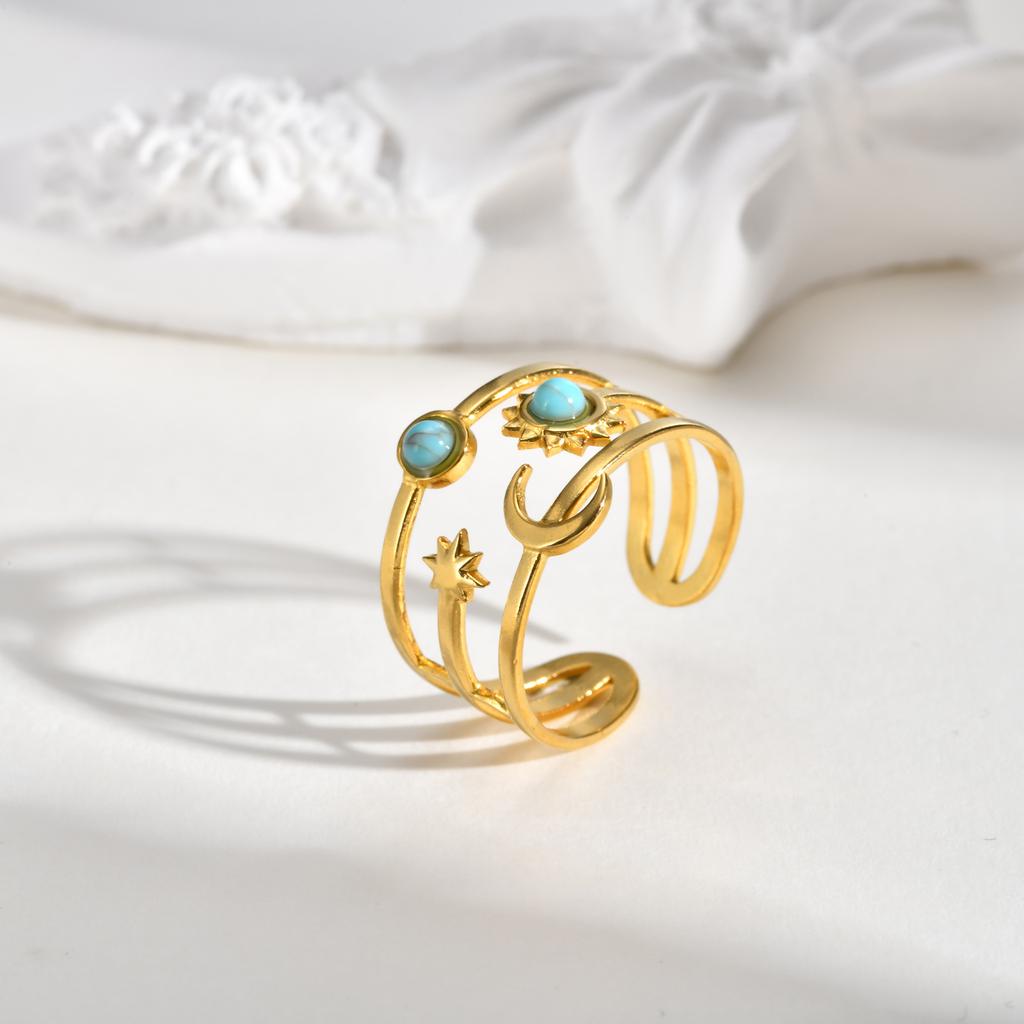 Stainless Steel Star Moon Ring for Women, Waterproof Layered Stackable Open Finger Ring, Boho Celestial Jewelry Adjustable