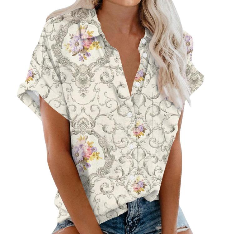 Dam Kortärmad V-ringad Pullover Knappar Skjorta Lös Strandtoppar Elegant Formell Arbets Sommarskjortor