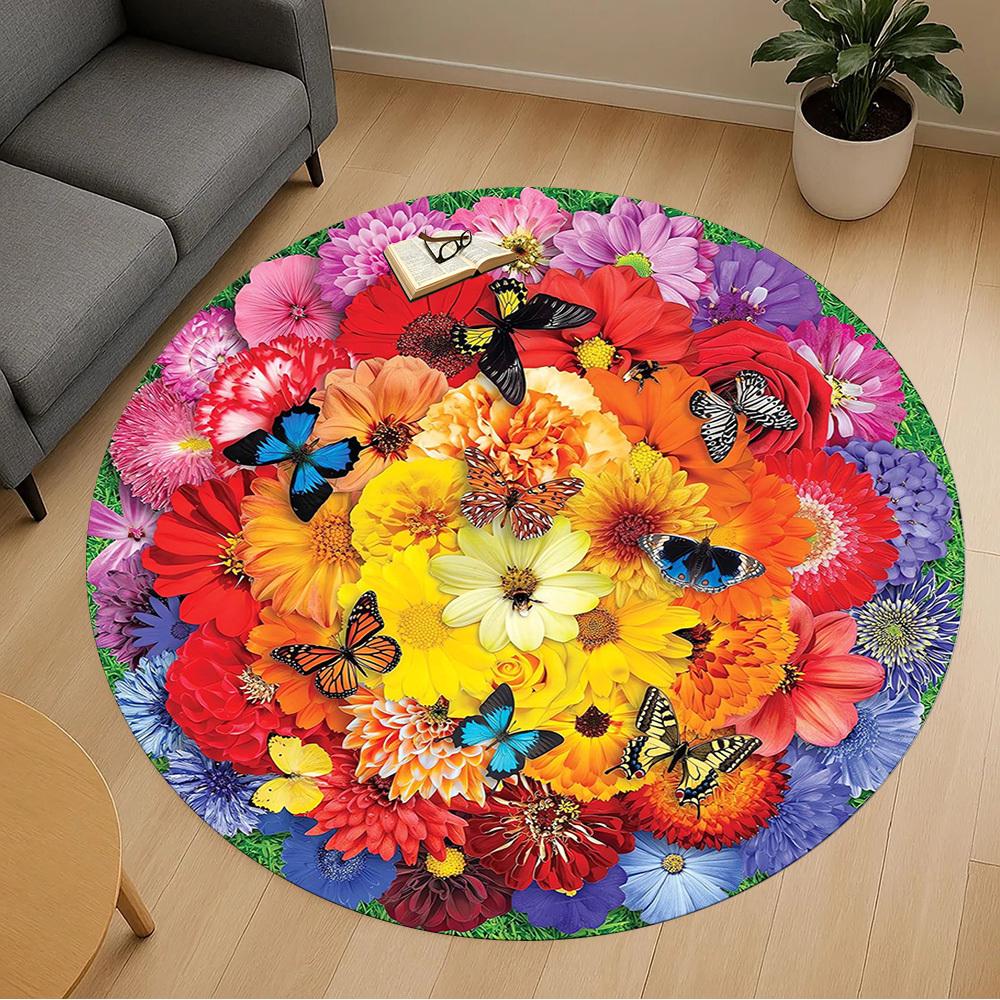 1pc Floral Butterfly Pattern Office Round Rugs, Under Chair Round Rugs for Living Room, Bedroom, Bathroom Decoration Carpet 091845