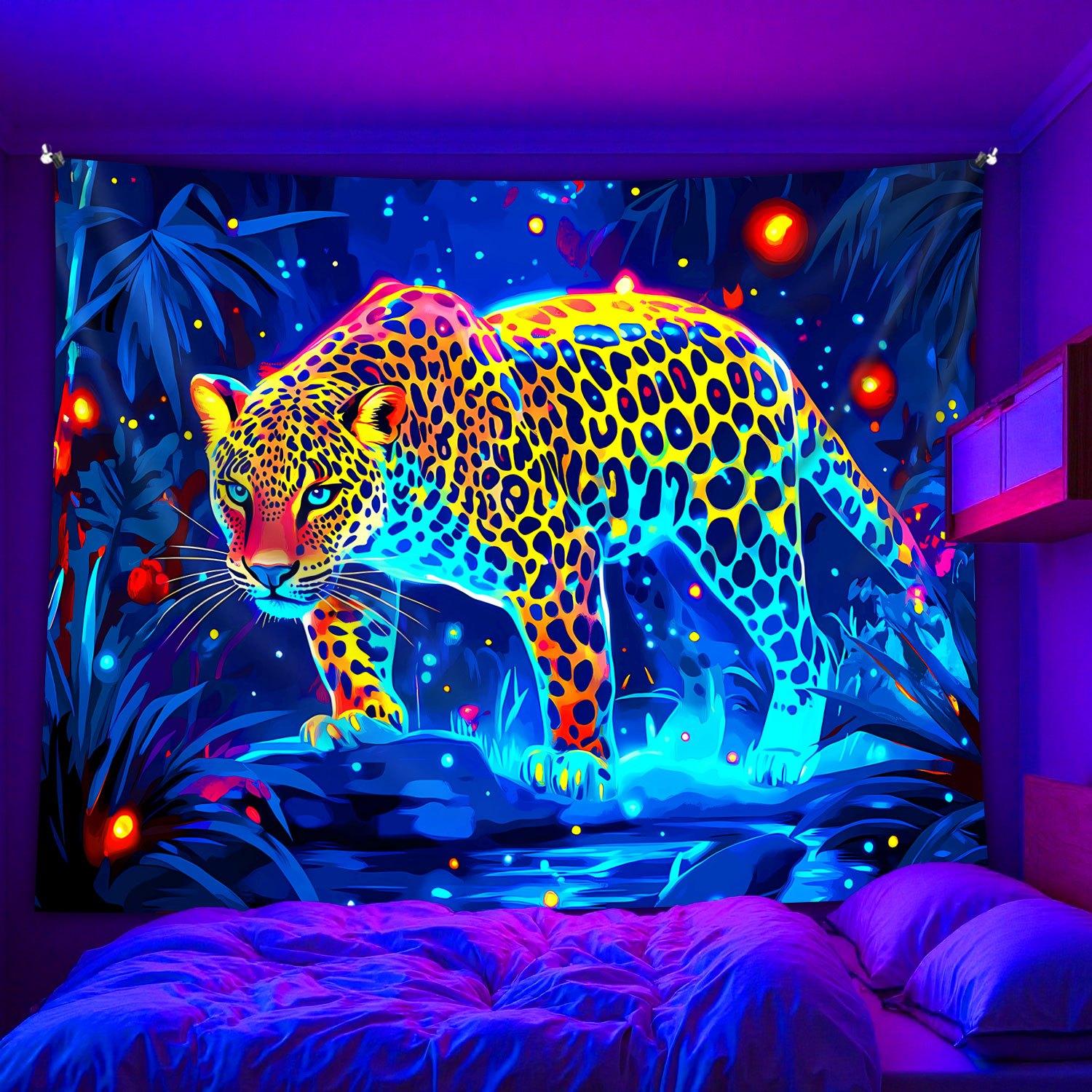 

Леопард Тропические джунгли, Флуоресцентный гобелен Космос УФ Черный свет Гобелен, Настенный декор для гостиной, спальни, офиса, дома 95x73cm