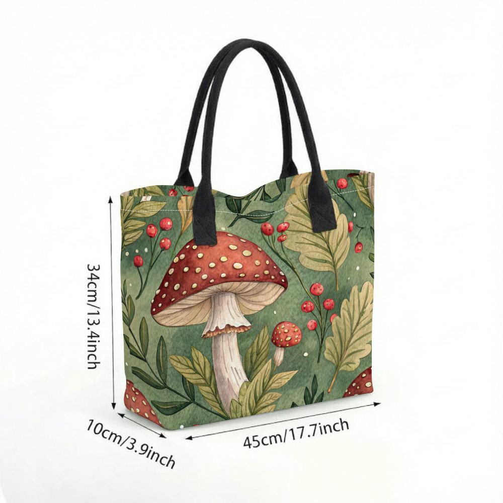 Forest Mushroom Print Canvas Tote Bag Aesthetic Casual Portable Daily Carry Handbag for Outdoor Shopping Travel