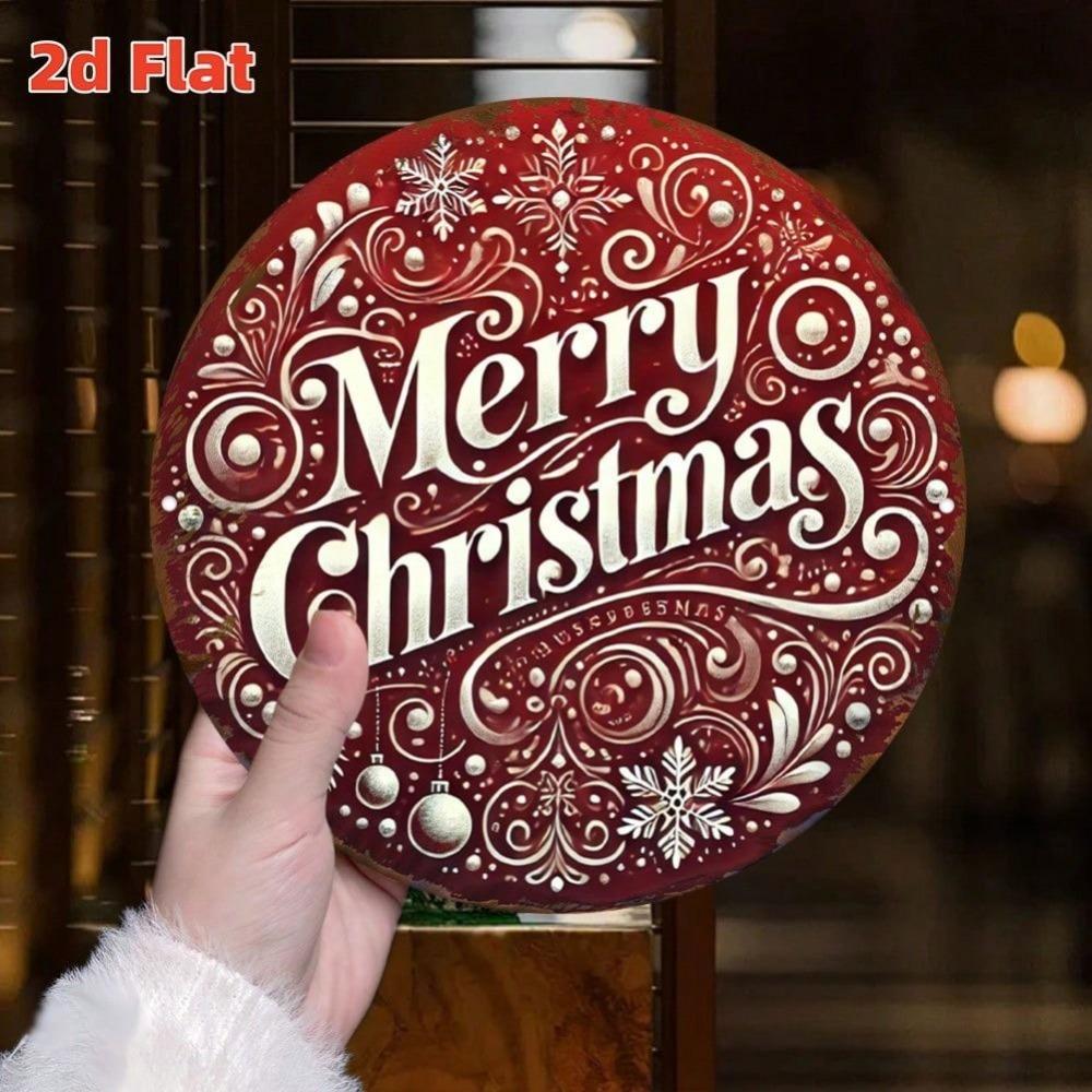 Vintage Christmas Wreath Metal Wall Art Burgundy Red Golden Holiday Decor Round Aluminum Sign Merry Christmas Home Office Party Decoration