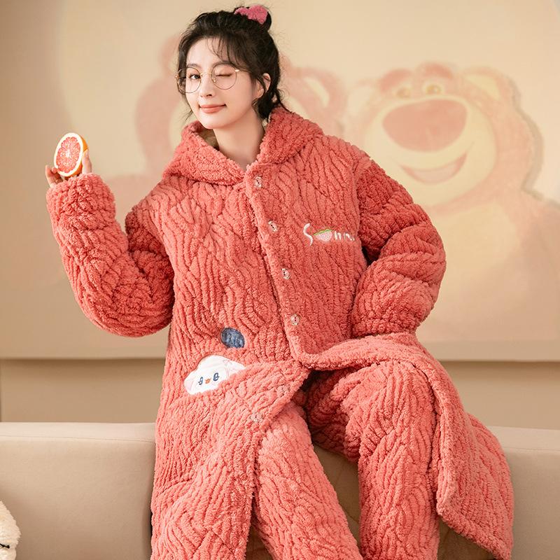 Thickened And Velvet Three-Layer Padded Pajamas Women'S Winter Coral Fleece New Large-Size Loungewear Simple And Casual