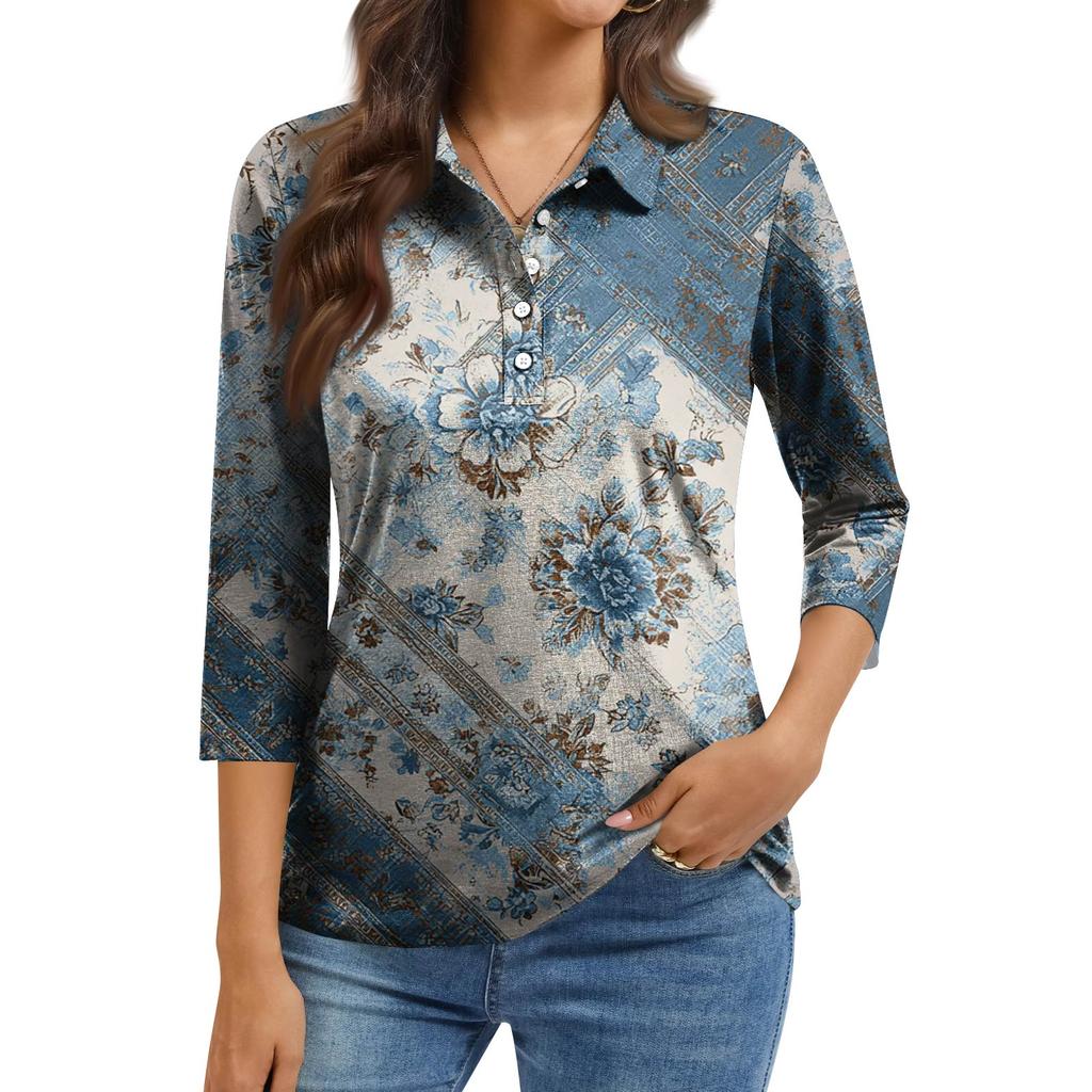 Damska Moda Casual Klapa Krótki Rękaw 3/4 Koszula z Nadrukiem Damskie Bluzki Zapinane na Guziki