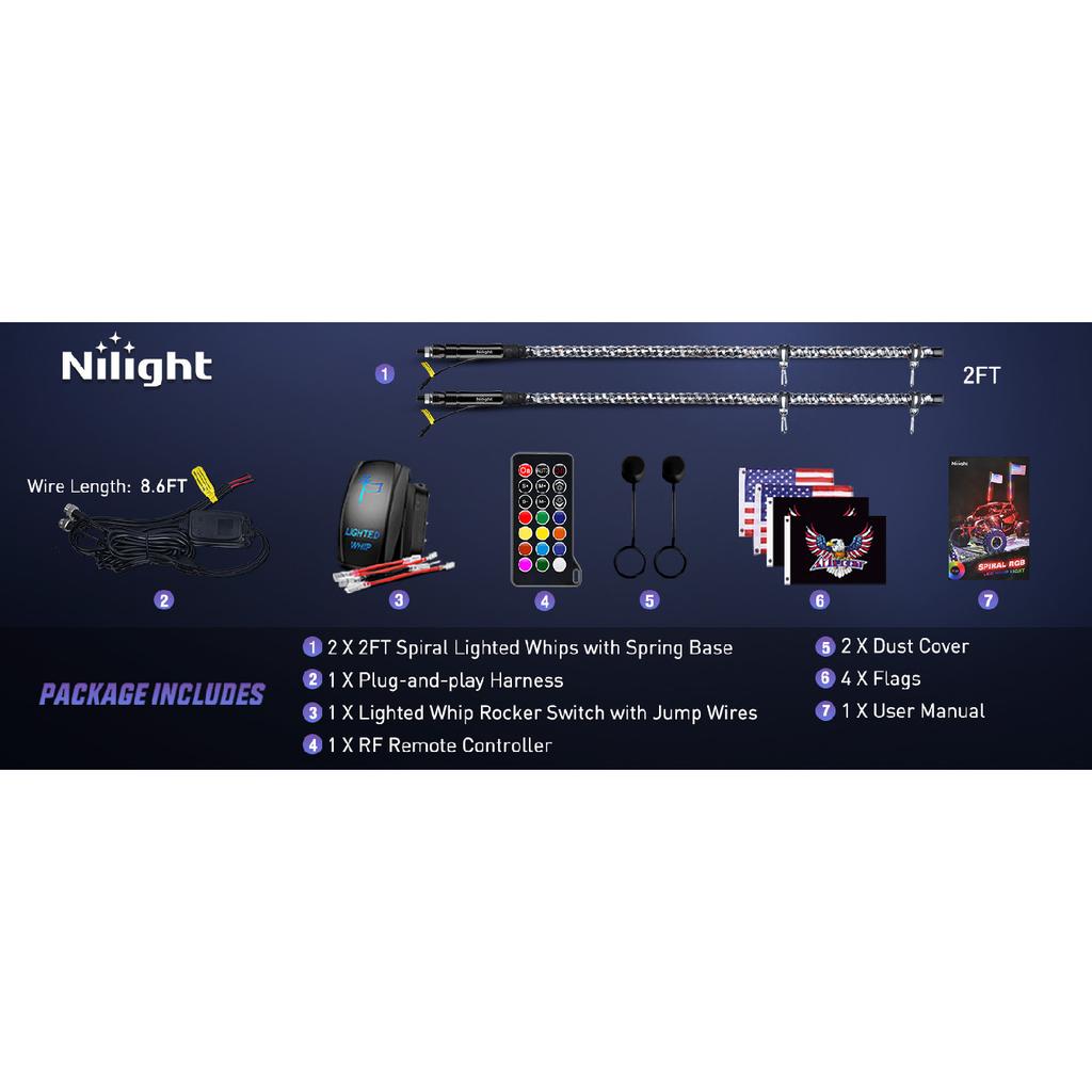 Nilight 2PCS 2FT RGB LED Whip Lights Spiral Chasing Dancing Lighted Antenna RF Remote Control for Can-Am ATV UTV RZR Polaris Dune Buggy Truck Bulbs 7
