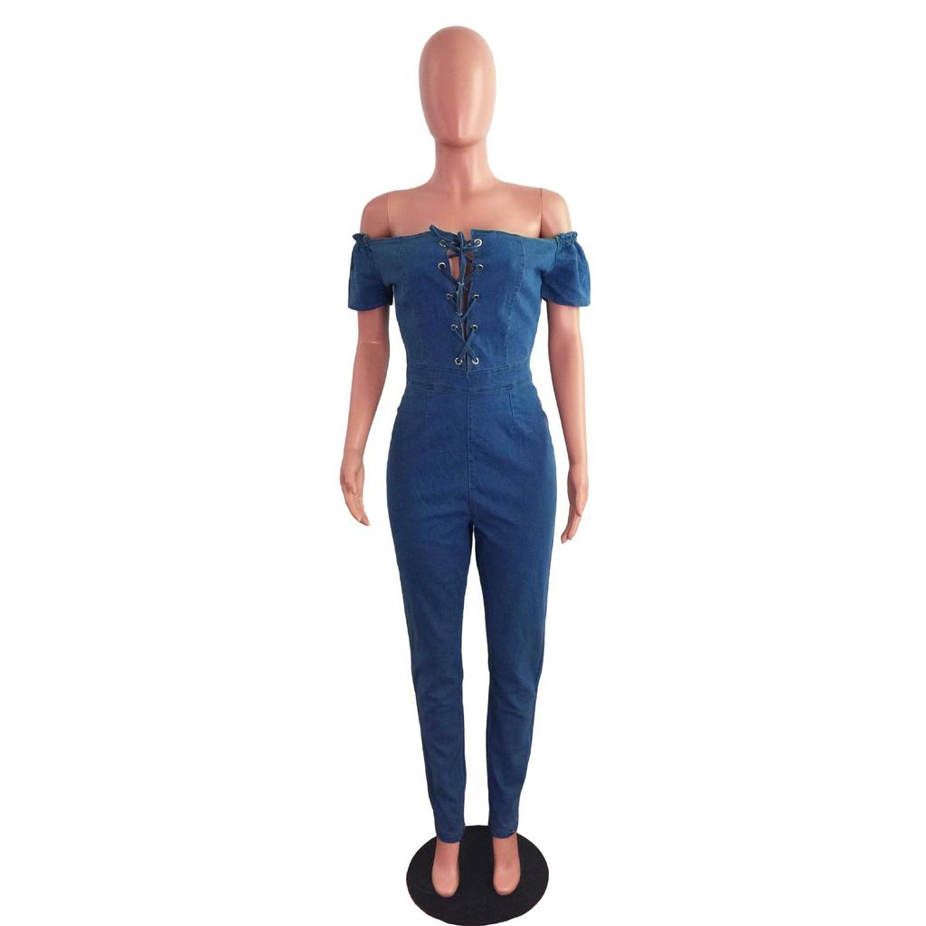 Women's One-shoulder Eyelet Lace-up Sexy Denim Jumpsuit - European & American Fashion 2023