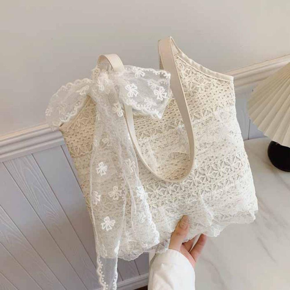 S krajkou a stuhou Taška přes rameno Korejský styl Velkokapacitní taška Nákupní Jednoduchá plátěná kabelka Práce