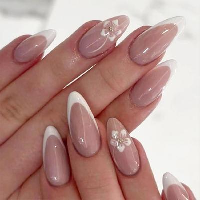 Almond Nail Tips Fake Nail Glues On Nail Stick On Nail Flower Press On Nail Artificial False Nail for Womens Girls