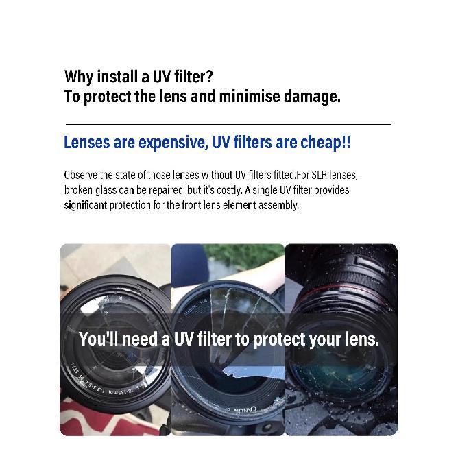 UV Filter Ultra-Thin High Transmittance Lens Filter 49/52/55/58/67/72/77/82mm Mirrorless Camera Protective Lens for Canon, Nikon