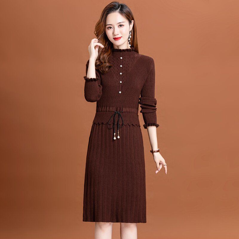 

Осенне-зимний новый шерстяной женский пуловер средней длины с твердой талией высокого качества длиной до колена и круглым вырезом One Size коричневый