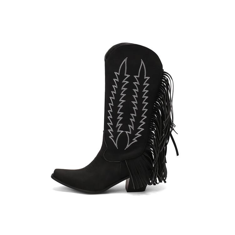 

Осень и зима ретро стиль вышитые бахромчатые сапоги острый носок средний каблук высокие модные сапоги 44 чёрный