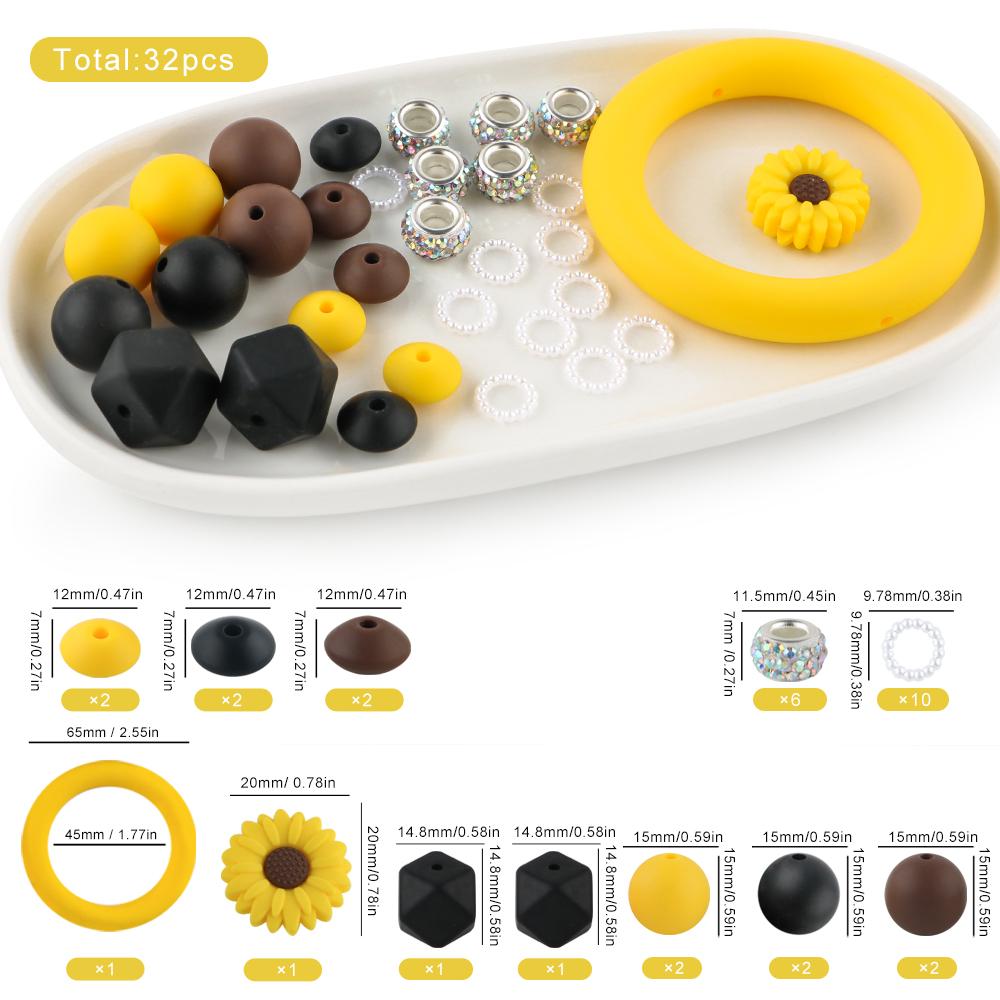 32Pcs/set Mixed Style Silicone Bead Kit Round Silicone Ring Focal Bead DIY KeyChain Bracelet Necklace Jewelry Accessories