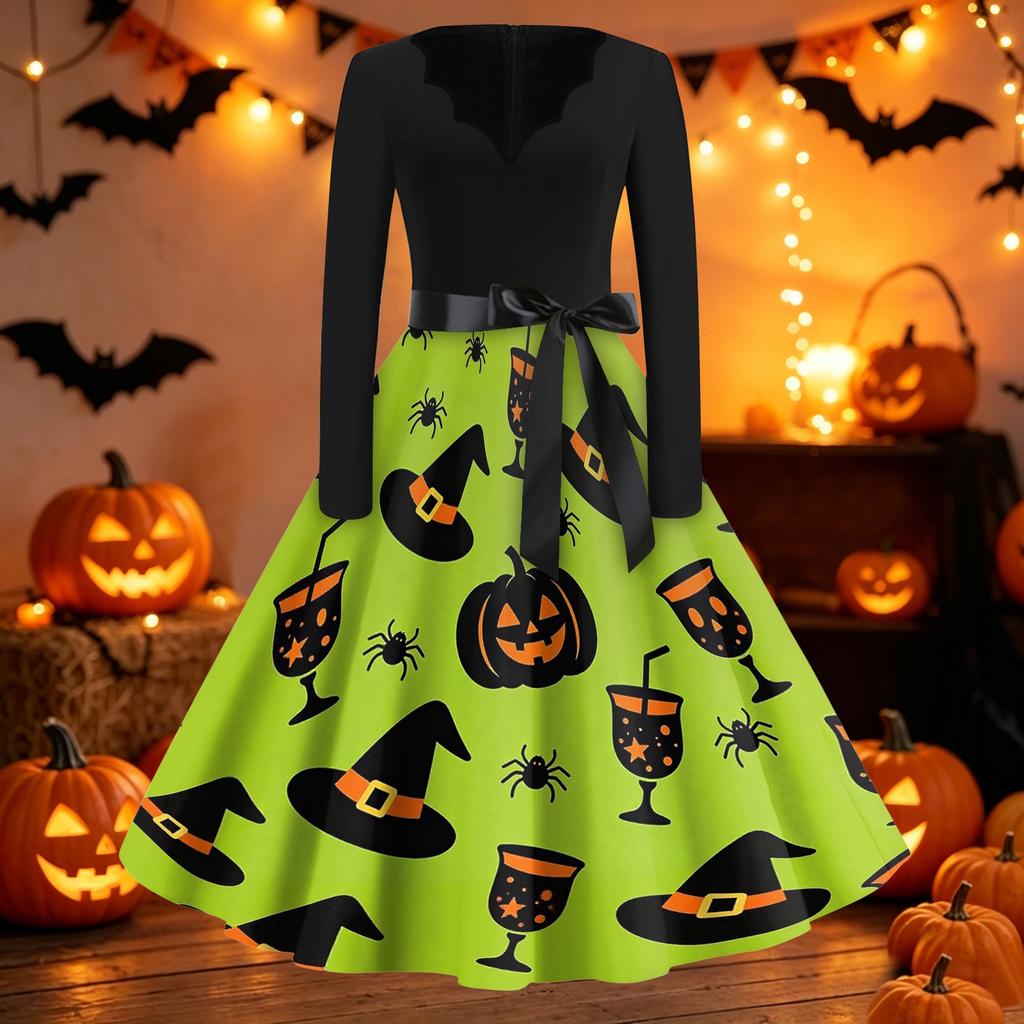 Women's Casual Halloween Print V Neck Vintage Dress Long Sleeve Retro Style Midi Dress with Waist Tie for Seasonal Wear
