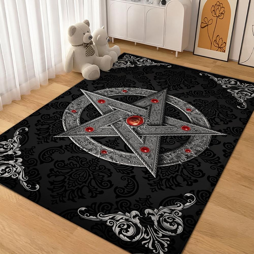 Dark Gothic Pentacle Ruby Accents Patterned Rug Nonslip Thick Carpet For Living Room Bedroom Hallway Home Decor Birthday Gift