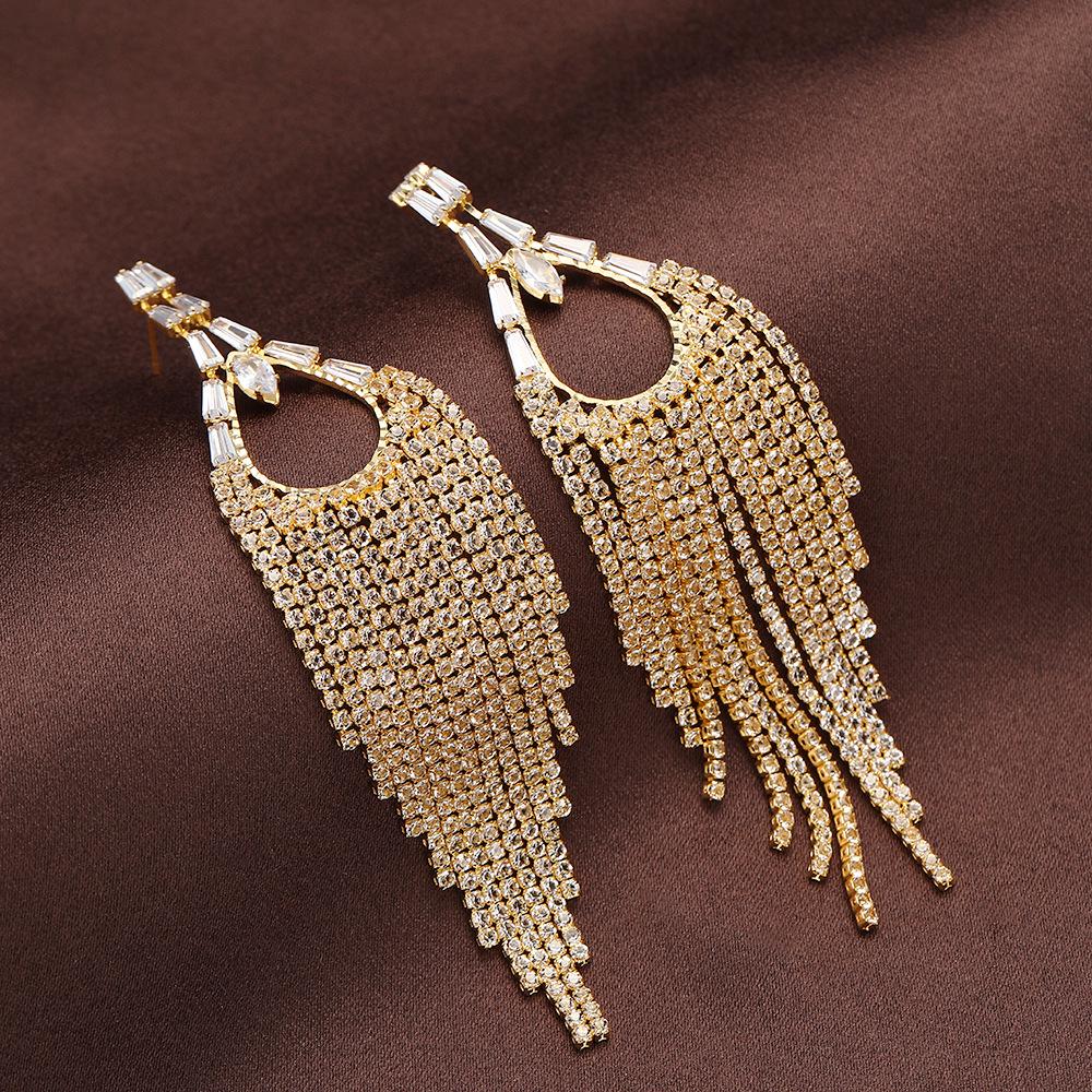 Elegant European & American Long Tassel Rhinestone Zircon Earrings