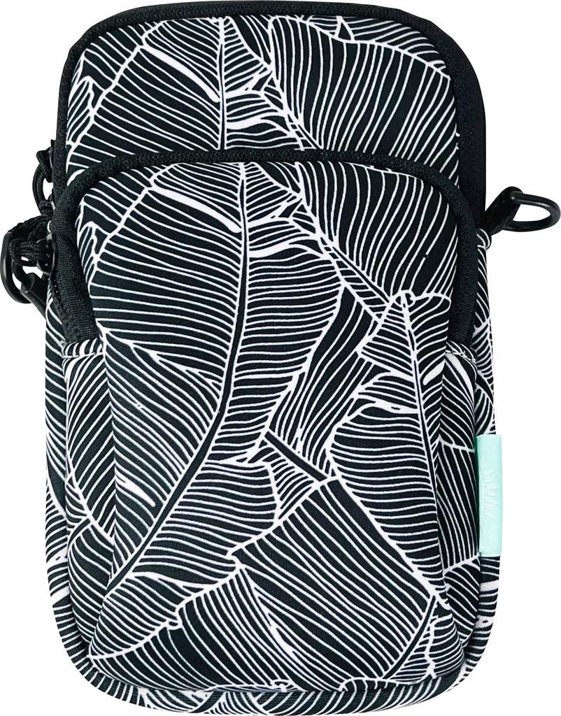 This neoprene mobile case is perfect for short trips. It measures 12cm wide x 19cm high x 2cm deep. It features a leaf pattern and a front pocket for