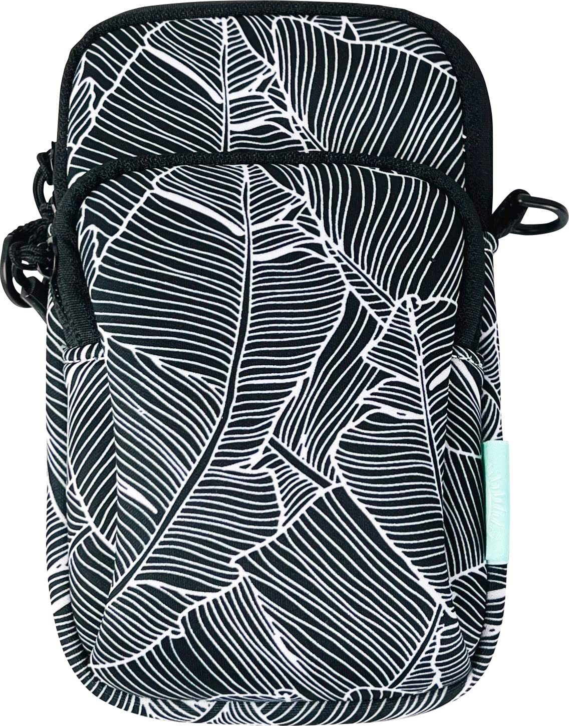 

This neoprene mobile case is perfect for short trips. It measures 12cm wide x 19cm high x 2cm deep. It features a leaf pattern and a front pocket for