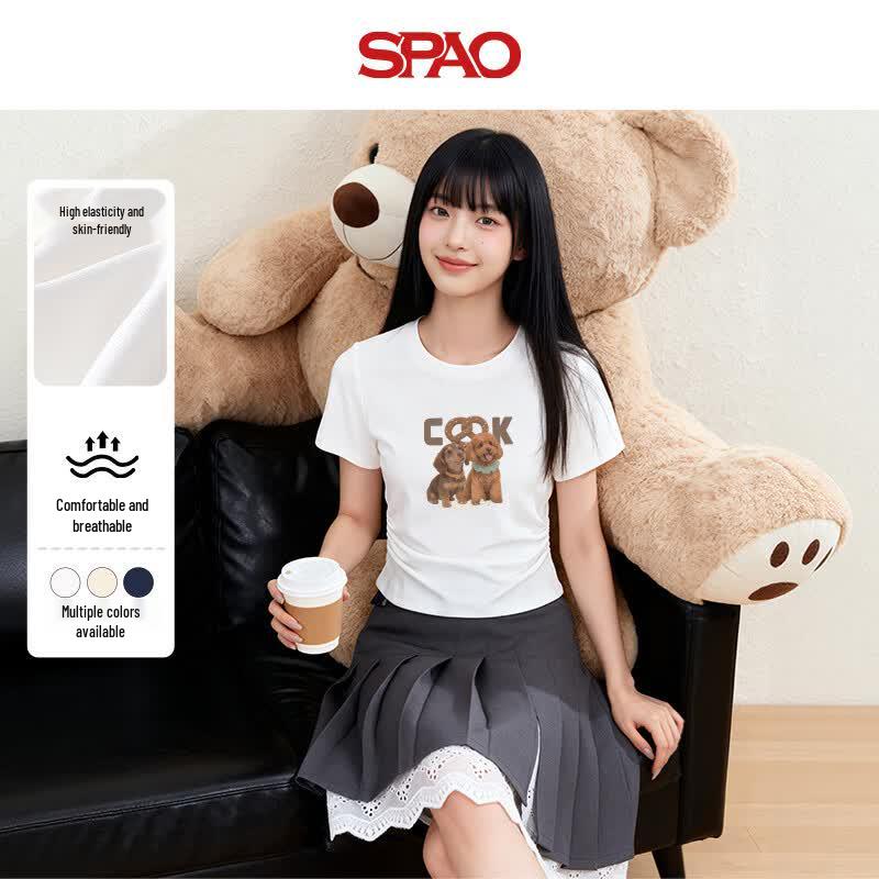 Женская укороченная футболка SPAO с мультяшным принтом, облегающего кроя S