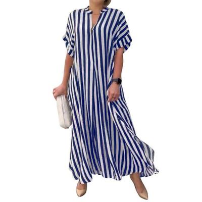 Women Dress Striped Print Color Matching V Neck Short Sleeves Loose A-line