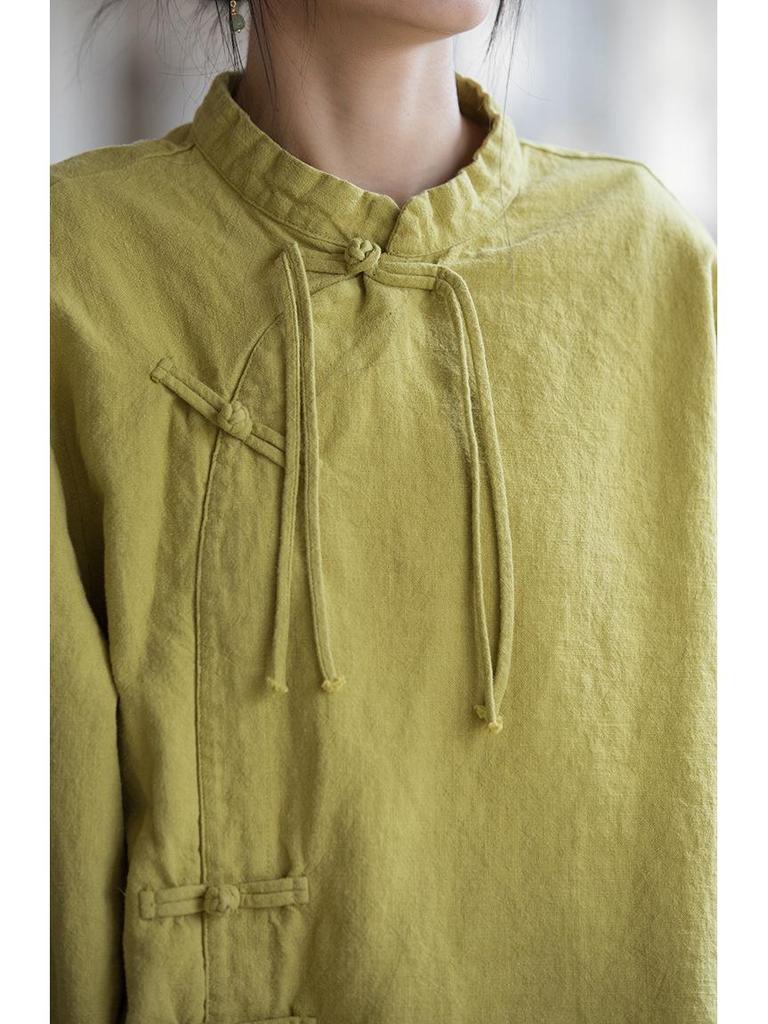 Spring Style Women's Ramie Cotton Long Sleeve Top with Handmade Frog Buttons