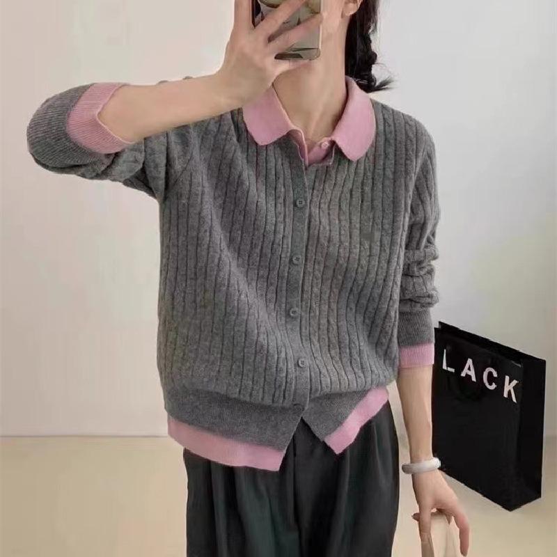 Kontrastfarbige Strickjacke für Damen, vielseitige Farbkombination, Fake-Zweiteiler mit Revers, einreihig, lässige Strickjacke für Damen