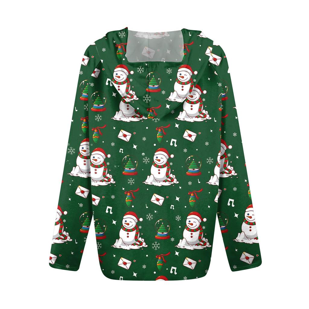 Chaqueta Casual con Capucha y Cremallera de Manga Larga con Estampado Navideño de Moda para Mujer