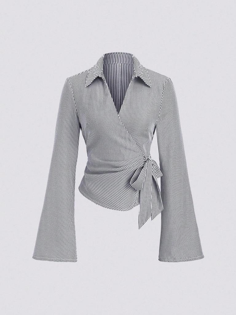 2025 Early Autumn Korean Style Women's Irregular Lace-up Striped Long Sleeve Shirt