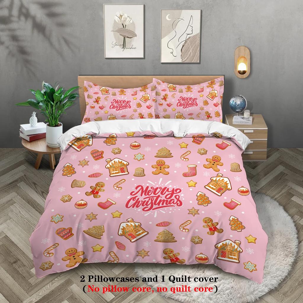 3-piece set of Christmas pink gingerbread man pattern print (1 duvet cover+2 pillowcases, no core) comfortable bedding set