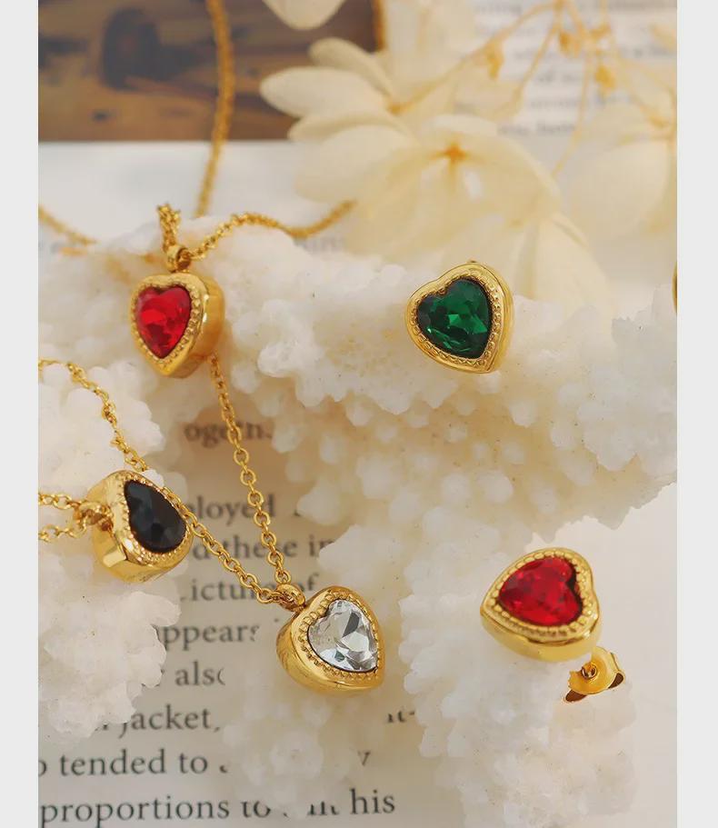 French Niche Multi-Color Zircon Love Pendant Necklace & Earrings Set