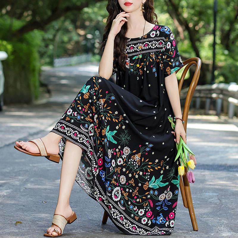 Elegant Summer Loose Dress Woman Vintage Clothes Plus Size Casual Short Sleeve Long Dresses