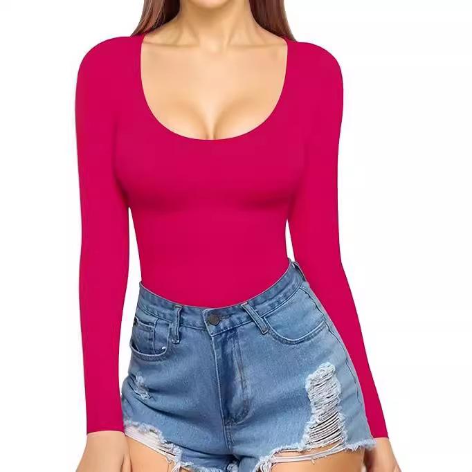 

2024 European & American Style Slim Fit Low Neck Long Sleeve Tie Waist T-Shirt Large