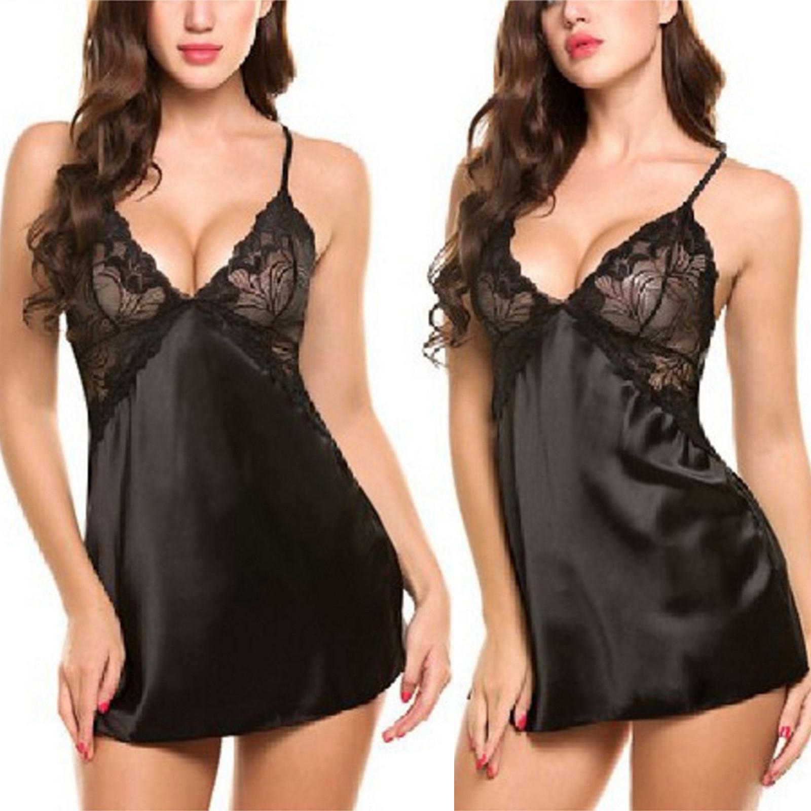 

Женское нижнее белье с V-образным вырезом, ночная рубашка, атласное сексуальное кружевное платье-сорочка для сна S чёрный